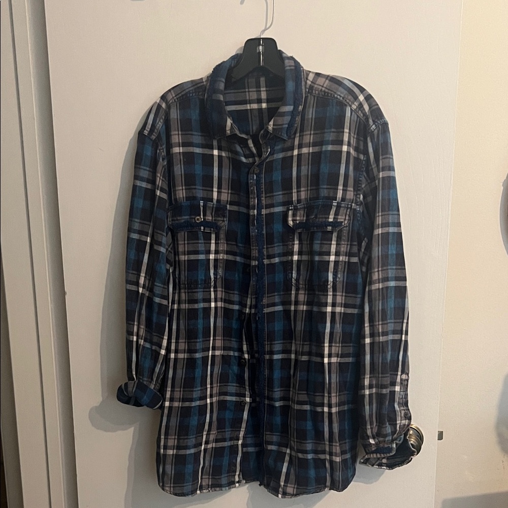Blue and Black Plaid Button-Up Shirt vintage men’s flannel shirt